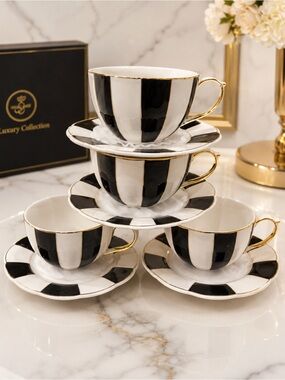 Luxury Black & White Striped Porcelain Teacup and Saucer Set